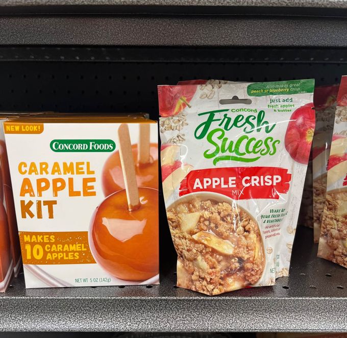 Caramel apple kits and apple crisp mix on the shelf