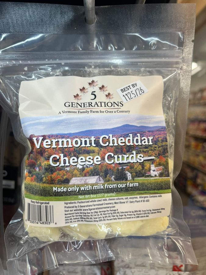 Vermont cheddar cheese curds from 5 Generations Creamery