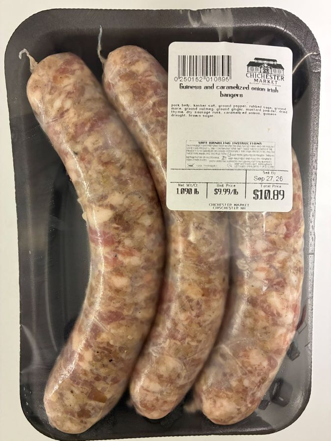Guinness and caramelized onion Irish bangers in a retail package