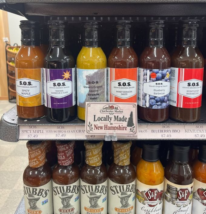 S.O.S. sauces above a Locally Made New Hampshire sign