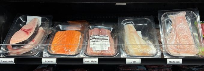 Swordfish, salmon, mahi mahi, cod and haddock in the refrigerated case