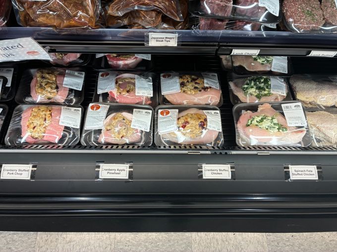 Stuffed chicken, pork chops and pinwheels in the meat case