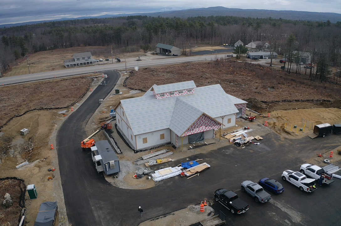 Closer drone view of the Chichester Market building